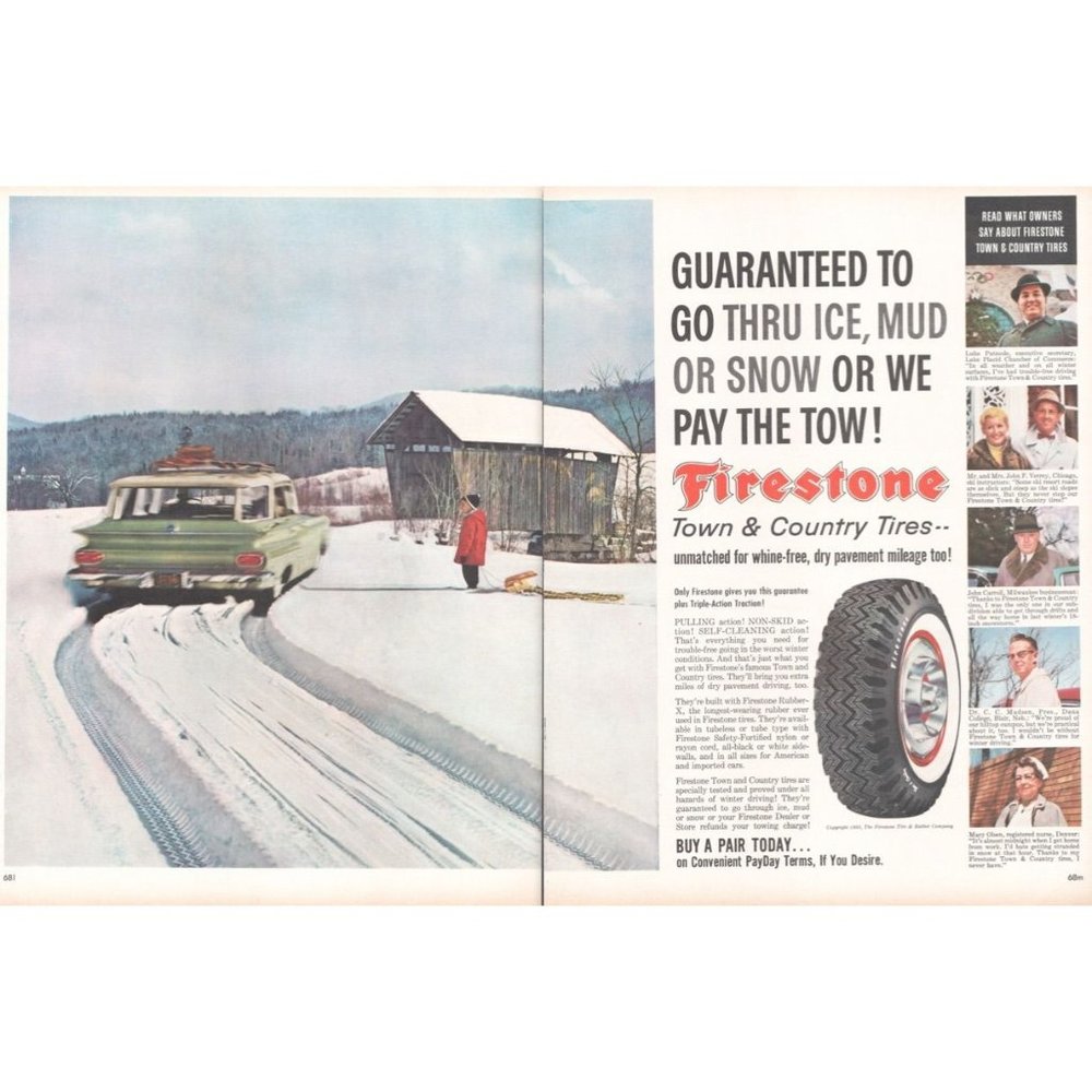 1960 Goodyear Town and Country Snow Tires 2 Page Vintage Print Ad Covered Bridge